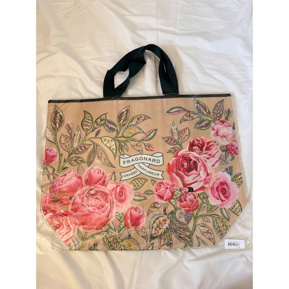 Fragonard Grasse Parfumeur Rose de Mai Floral Large Tote Bag Tan Pink Green NWT